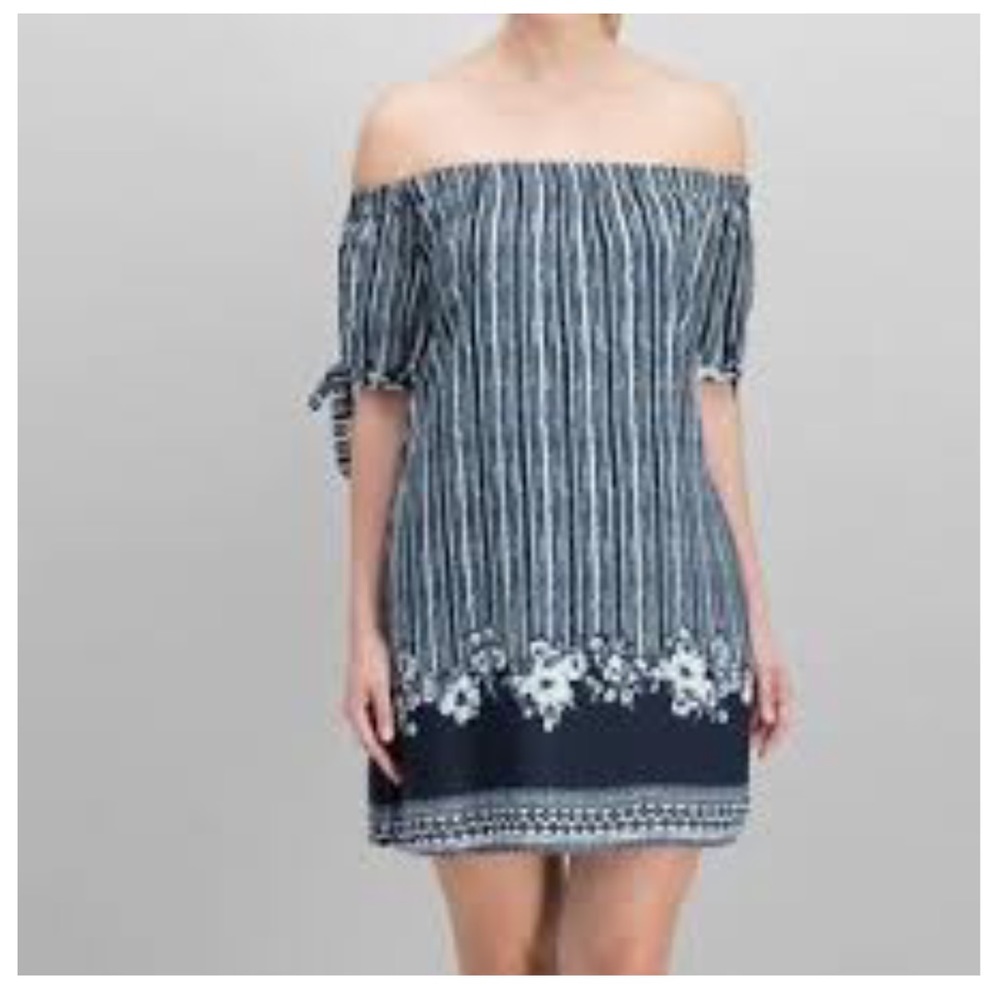 Split sleeve off the shoulder striped dress - Navy